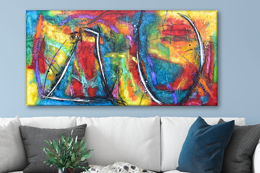 Farverigt maleri til væggen i stuen Elsk III 70x140 cm