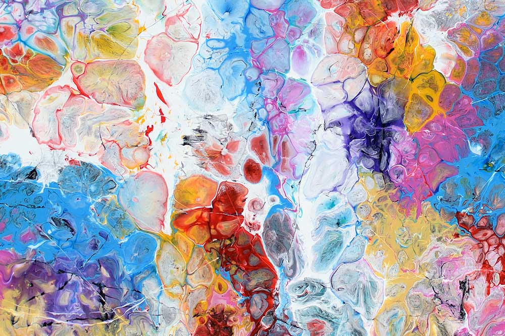 Detaljer fra et abstrakt akrylmaleri i moderne farver Unbound II 70x140 cm