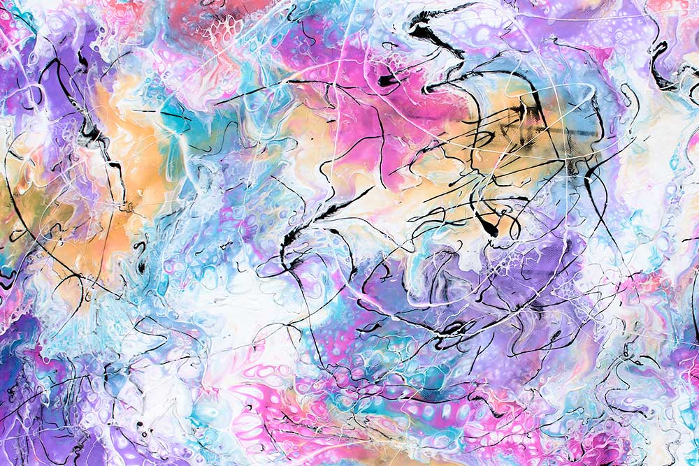 Flotte detaljer af et akrylmaleri i nutidigt design med moderne farver Transparency III 70x140 cm