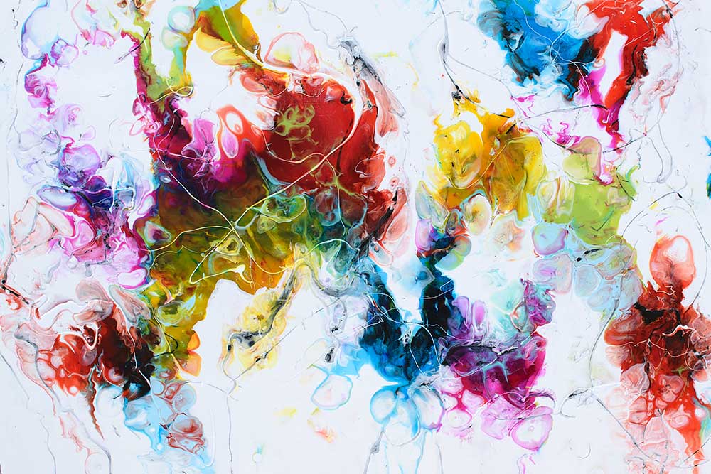 Smukke detaljer fra et stort abstrakt maleri i stærke farver Stellar IV 70x140 cm