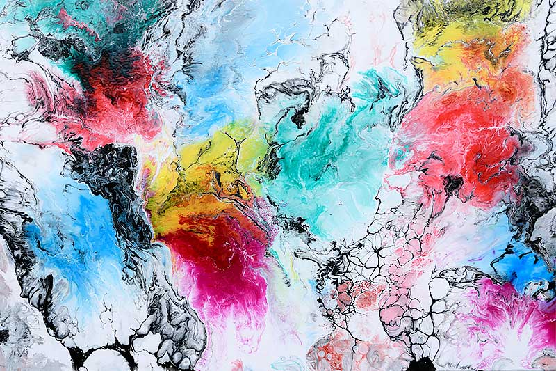 Detaljer af stort maleri med røde blå og grønne farver Altitude I 80x180 cm